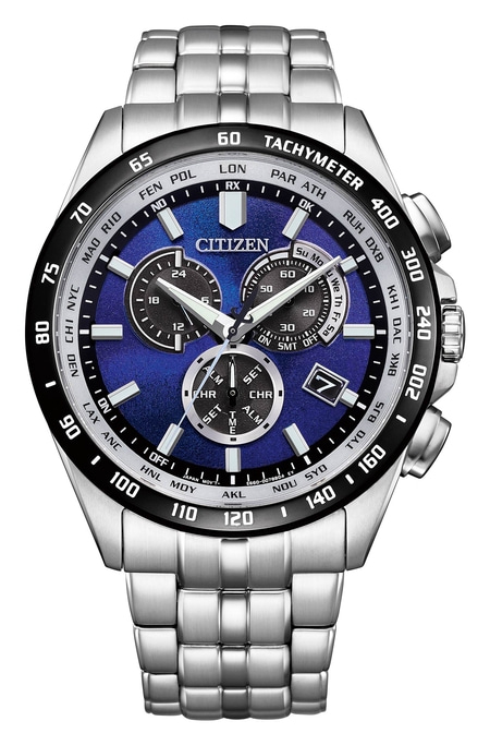 Citizen-Uhr mit blauem Zifferblatt, Tachymeter und Edelstahlarmband. Chronograph.
