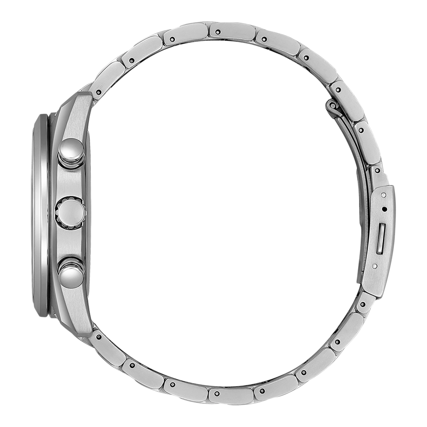 Une montre bracelet en acier inoxydable avec des boutons sur le côté droit.