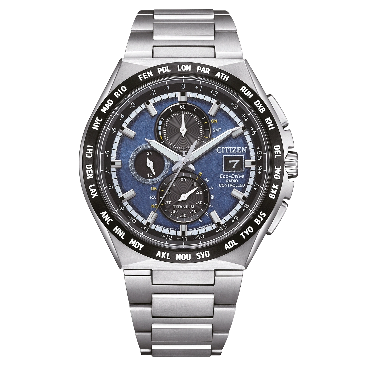 Citizen Eco-Drive Funkgesteuerte Uhr mit blauem Zifferblatt und silbernem Armband.