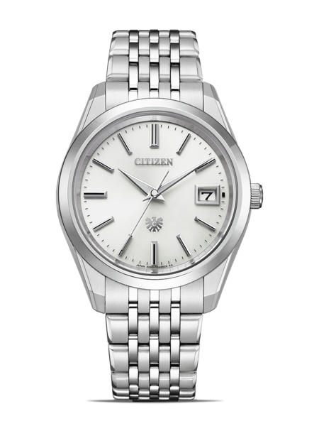 Citizen-Uhr mit silbernem Armband und weißem Zifferblatt, Datumsanzeige.