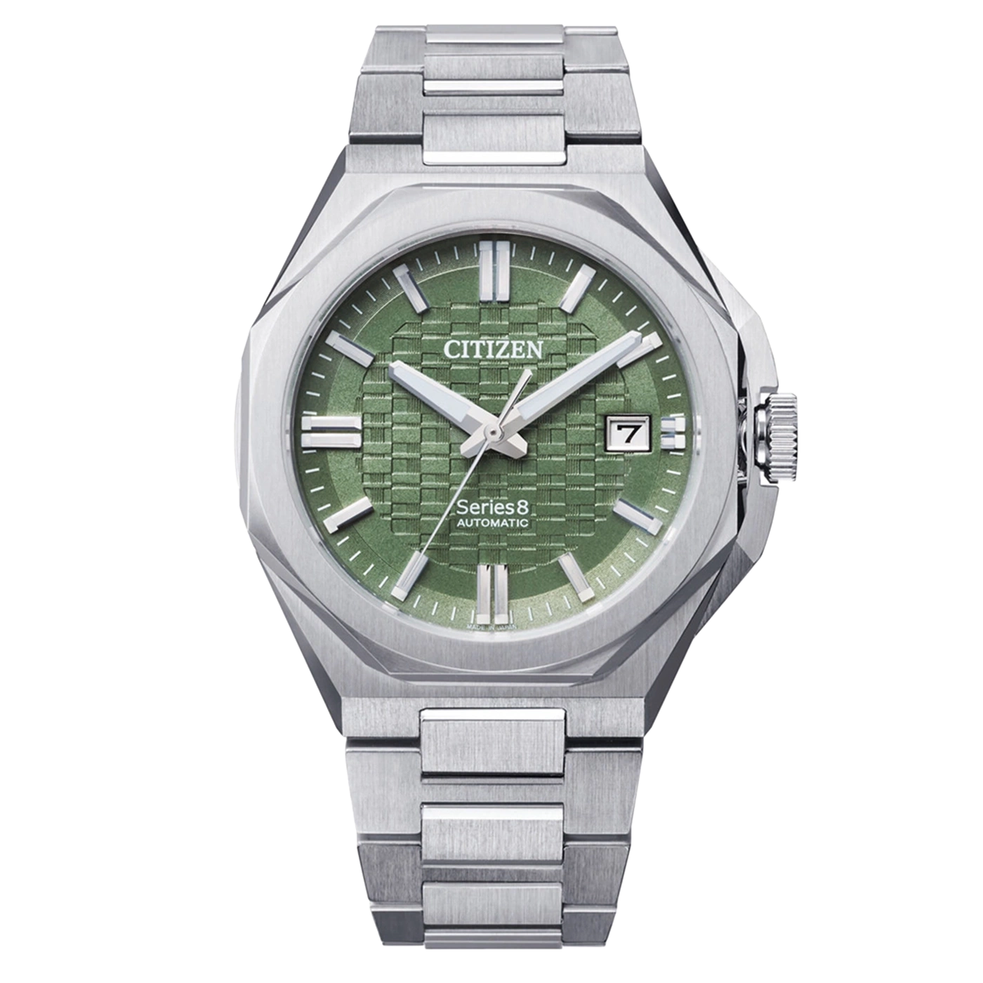 Eine grüne Citizen Series8 Automatik-Uhr mit einem Edelstahlarmband.