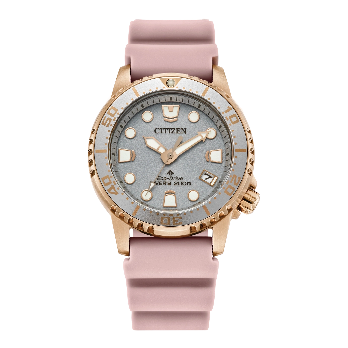 Citizen Uhr mit rosafarbenem Gummiarmband und roséfarbenem Gehäuse.