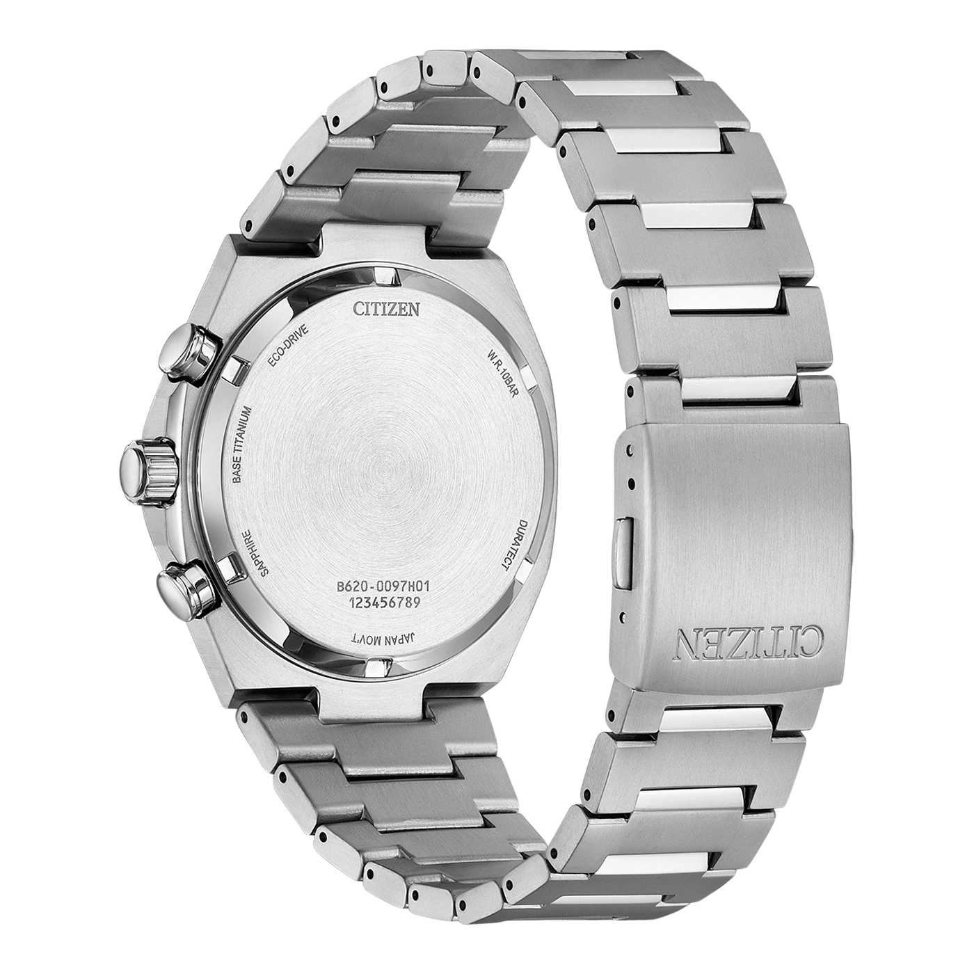 Rückansicht einer Citizen-Uhr aus Titan mit Metallarmband.