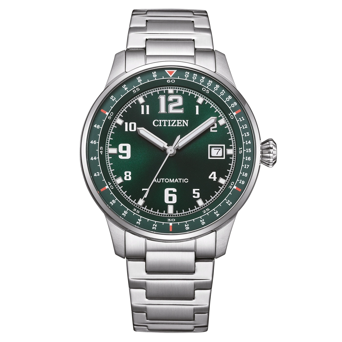 Grüne Citizen Automatik-Uhr mit Metallarmband.