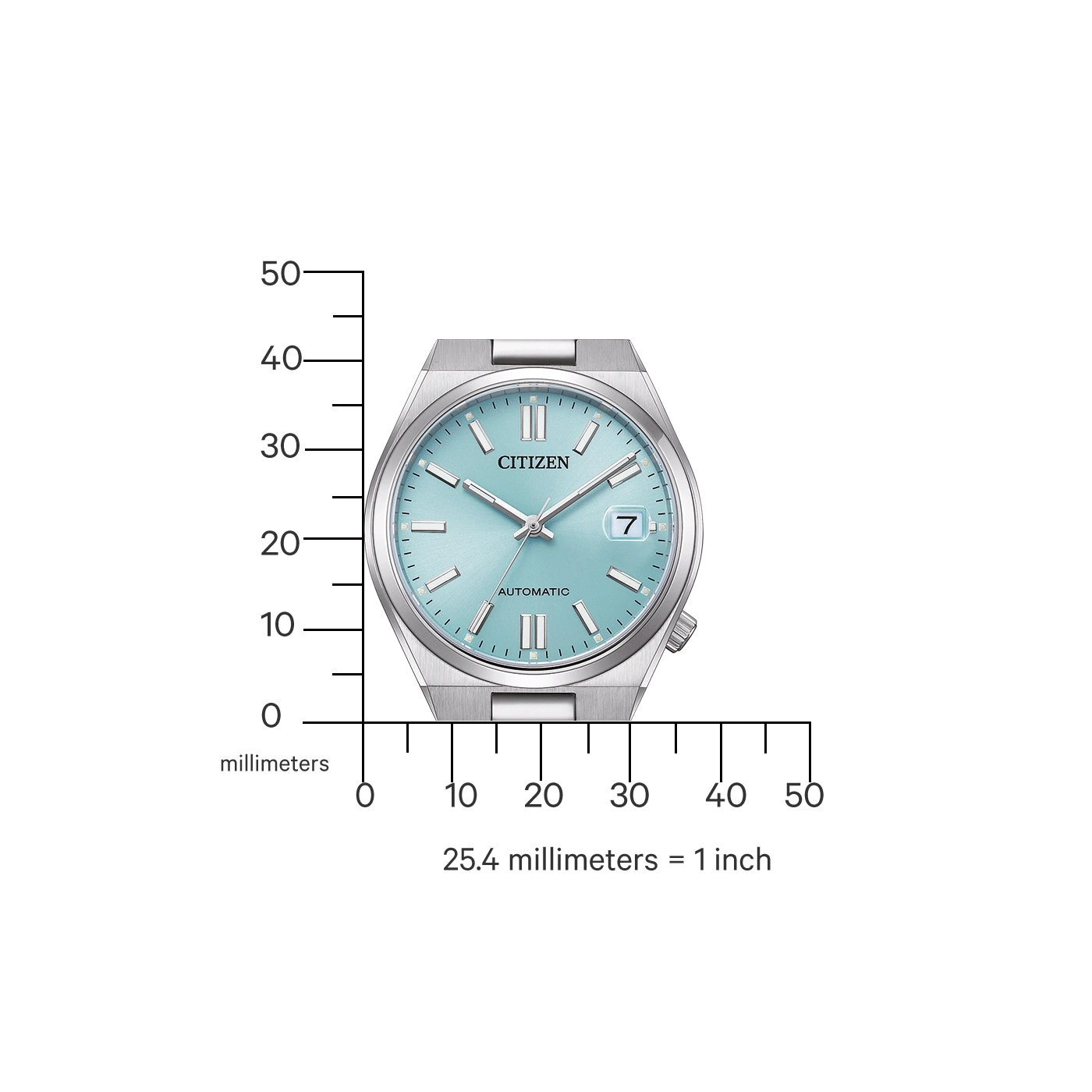 Eine Citizen-Uhr mit hellblauem Zifferblatt und einem Millimeterlineal.