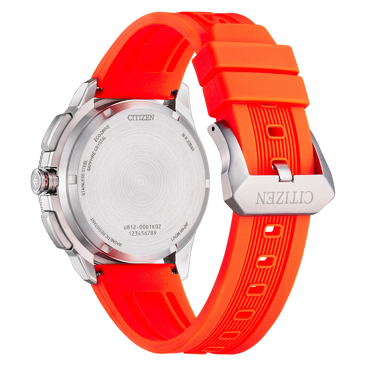 Montre Citizen rouge avec bracelet en caoutchouc, vue arrière du boîtier.