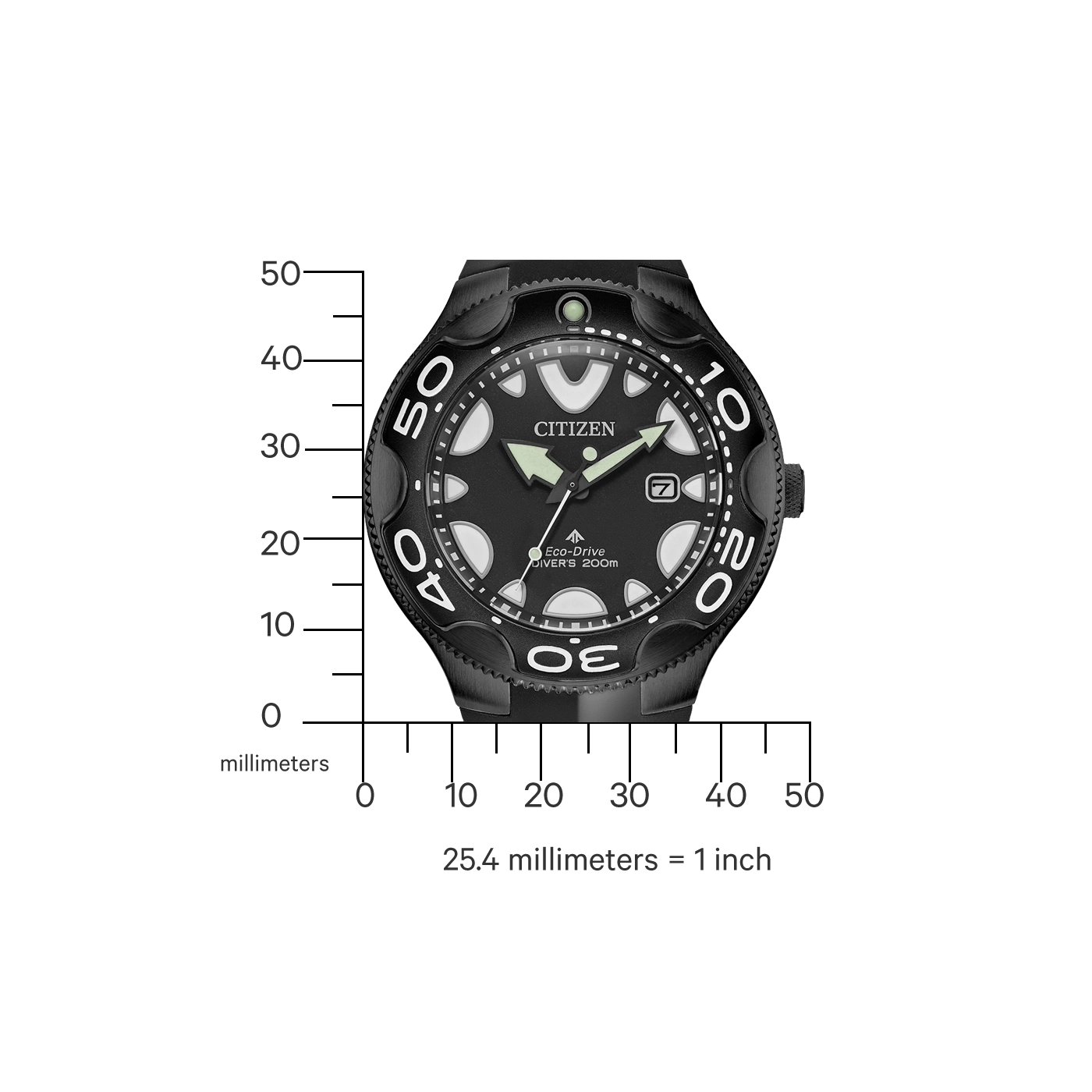 Une montre Citizen Eco-Drive de plongée avec une règle à côté.