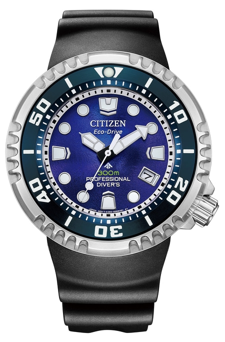 Citizen Eco-Drive Uhr mit blauem Zifferblatt, schwarzem Armband und silberner Lünette. Professionelle Taucheruhr.