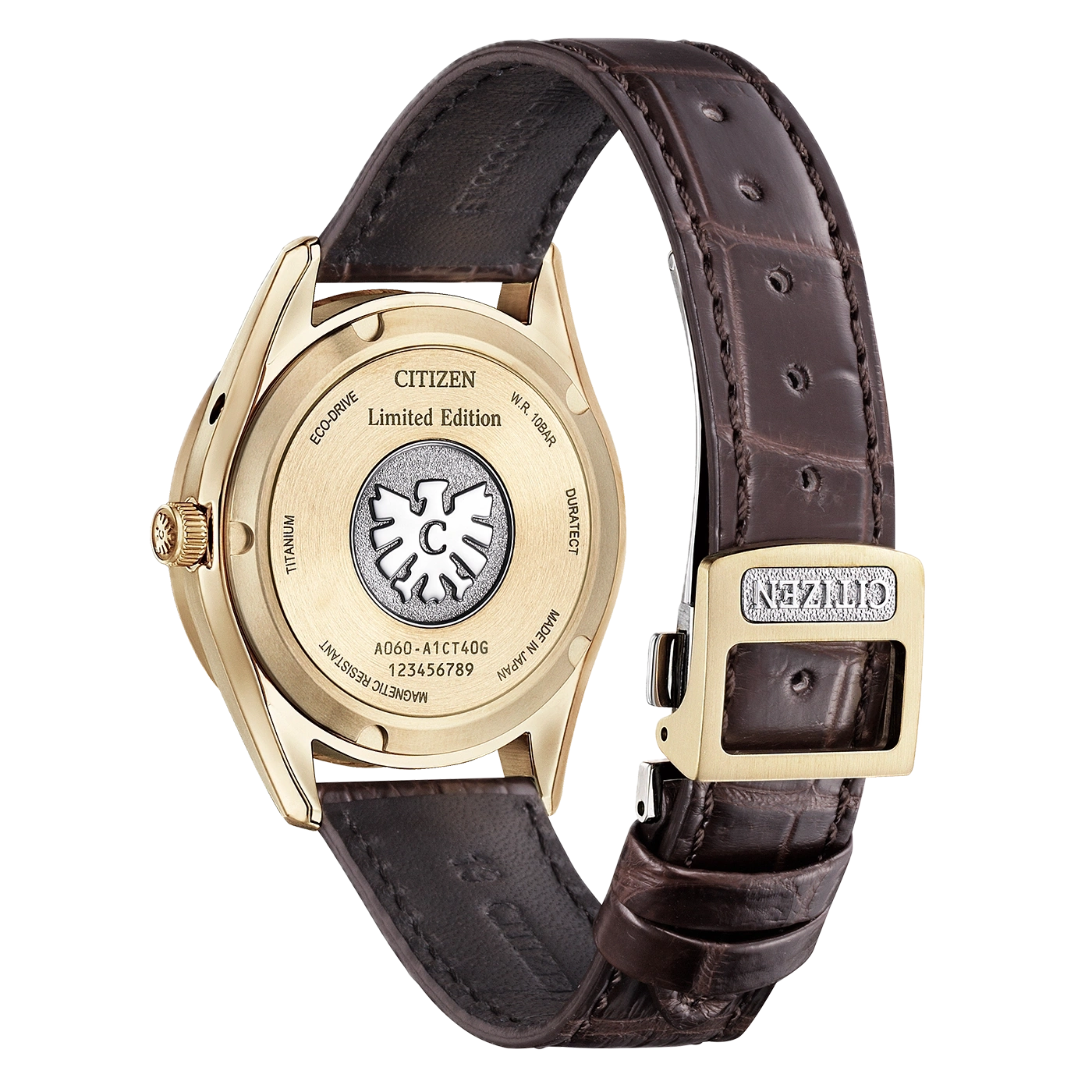 Goldene Citizen Eco-Drive Uhr mit braunem Lederarmband und goldener Schließe.