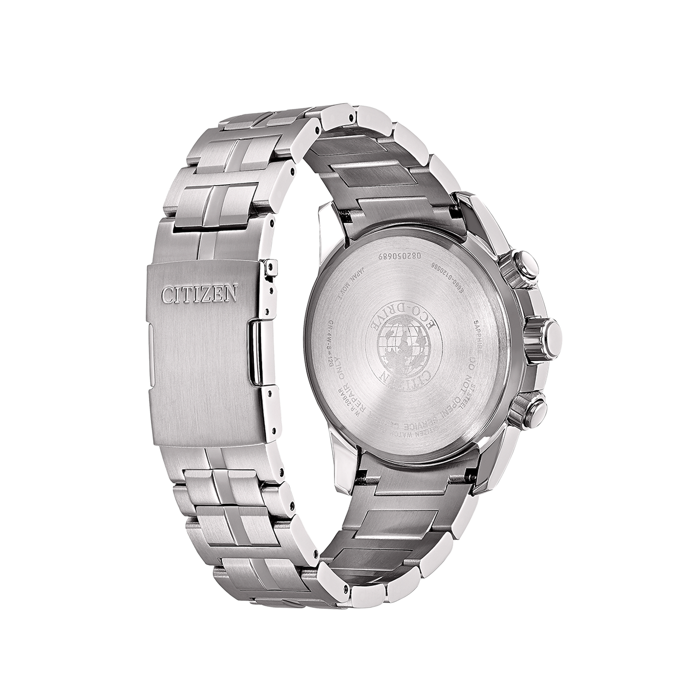 Dos de montre Citizen, acier inoxydable, Eco-Drive, verre saphir, mouvement japonais.