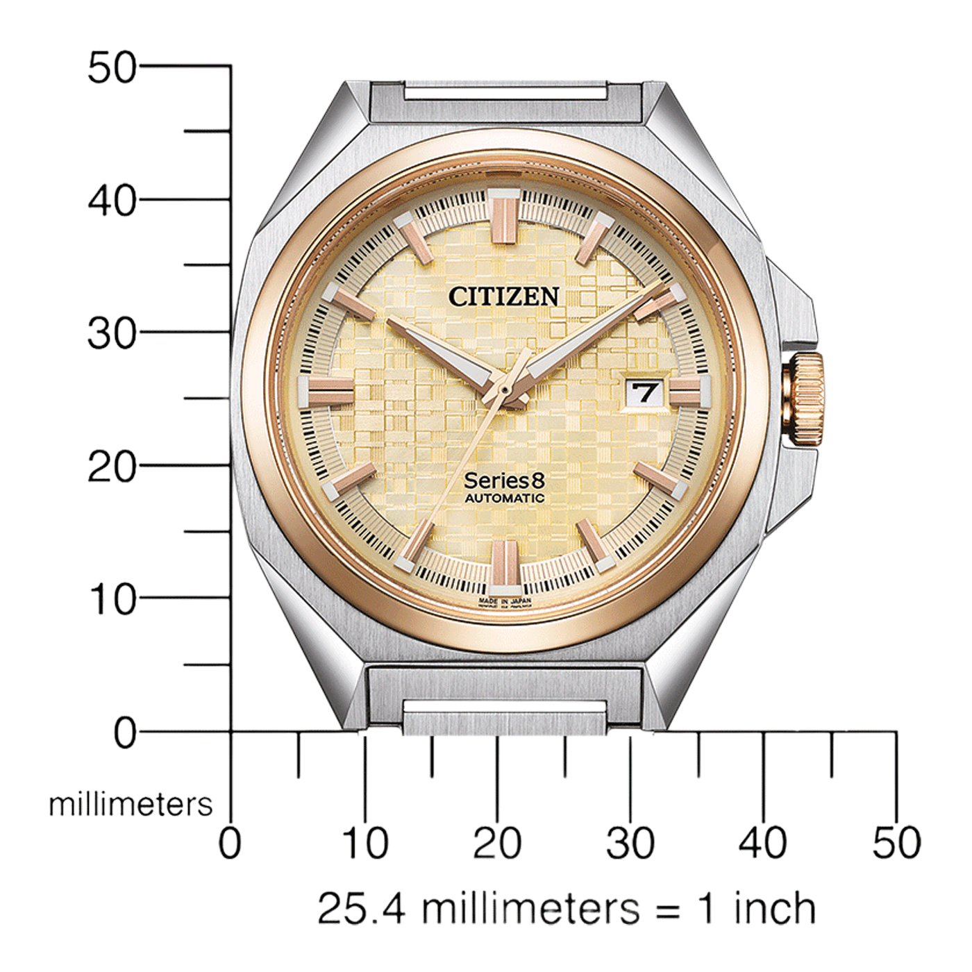 Citizen-Uhr mit Gold- und Silberakzenten, Datumsanzeige und Automatikwerk.
