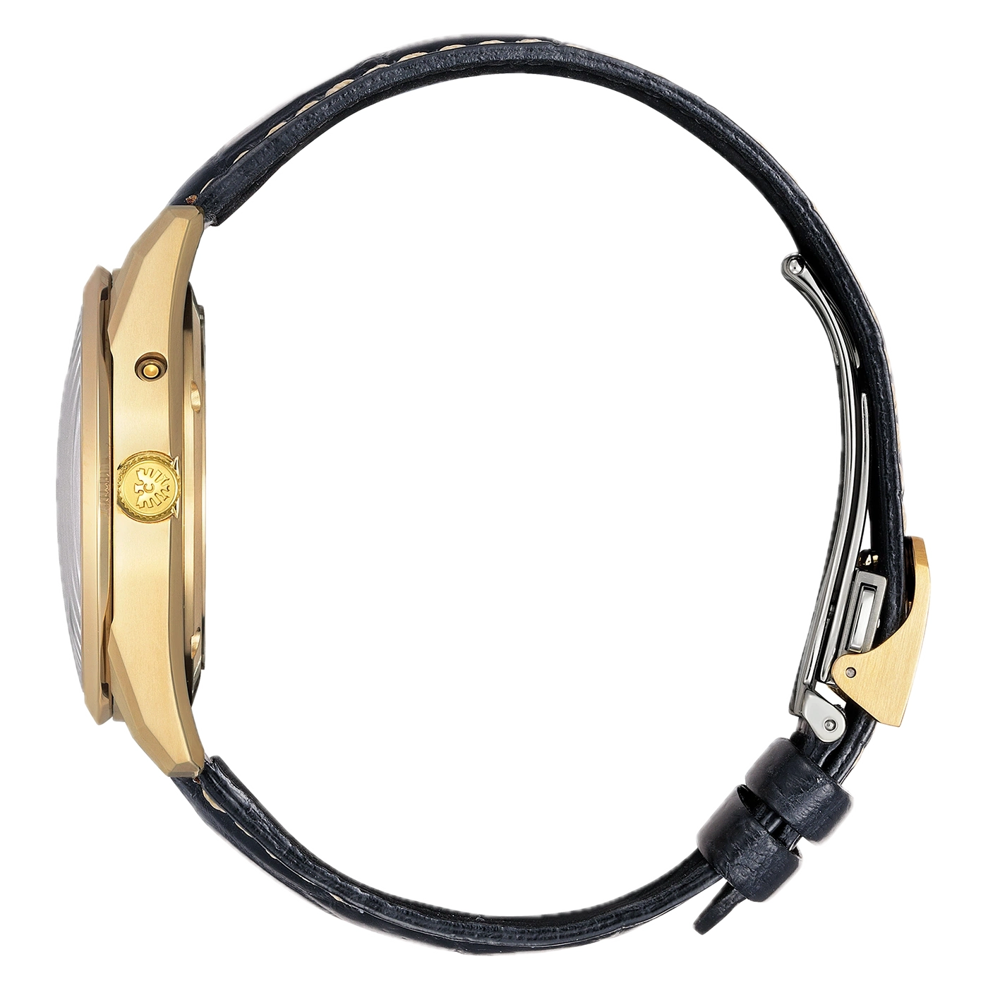 Goldene Uhr mit schwarzem Lederarmband, detaillierte Seitenansicht