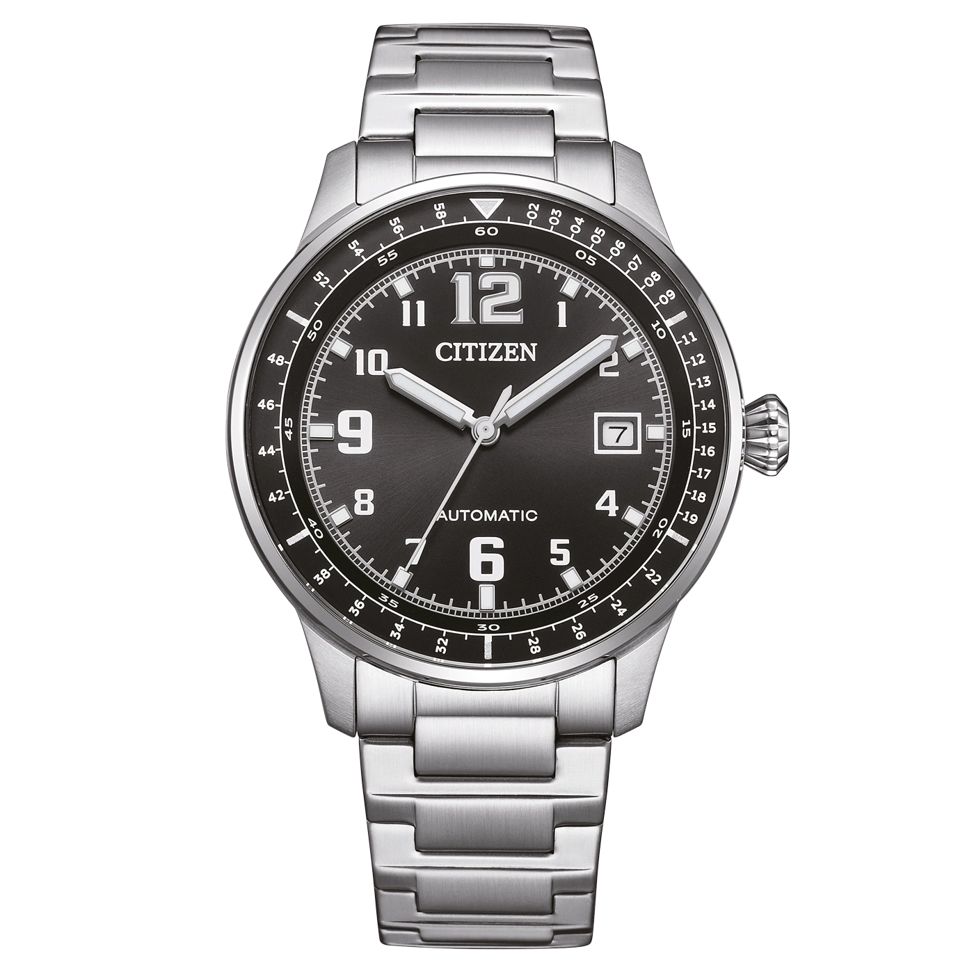 Eine silberne Citizen-Uhr mit schwarzem Zifferblatt und leuchtenden Indizes.