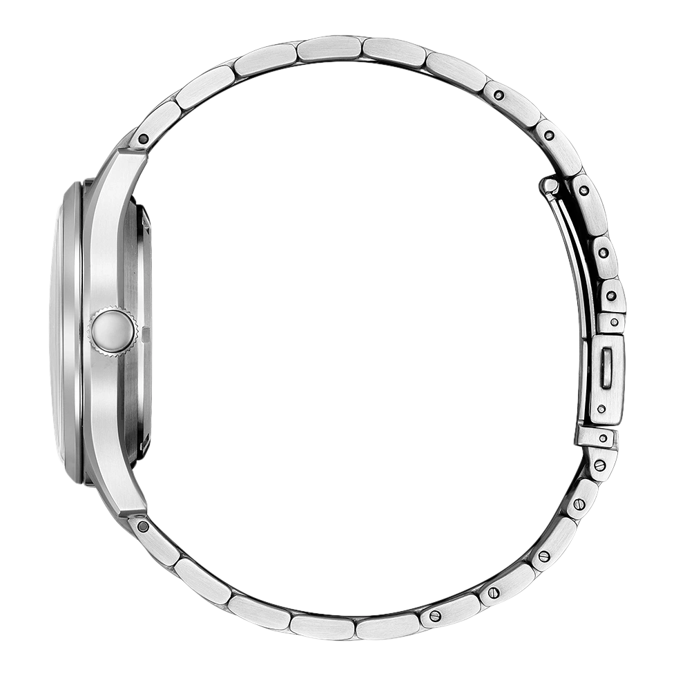 Seitenansicht einer Uhr mit Metallarmband