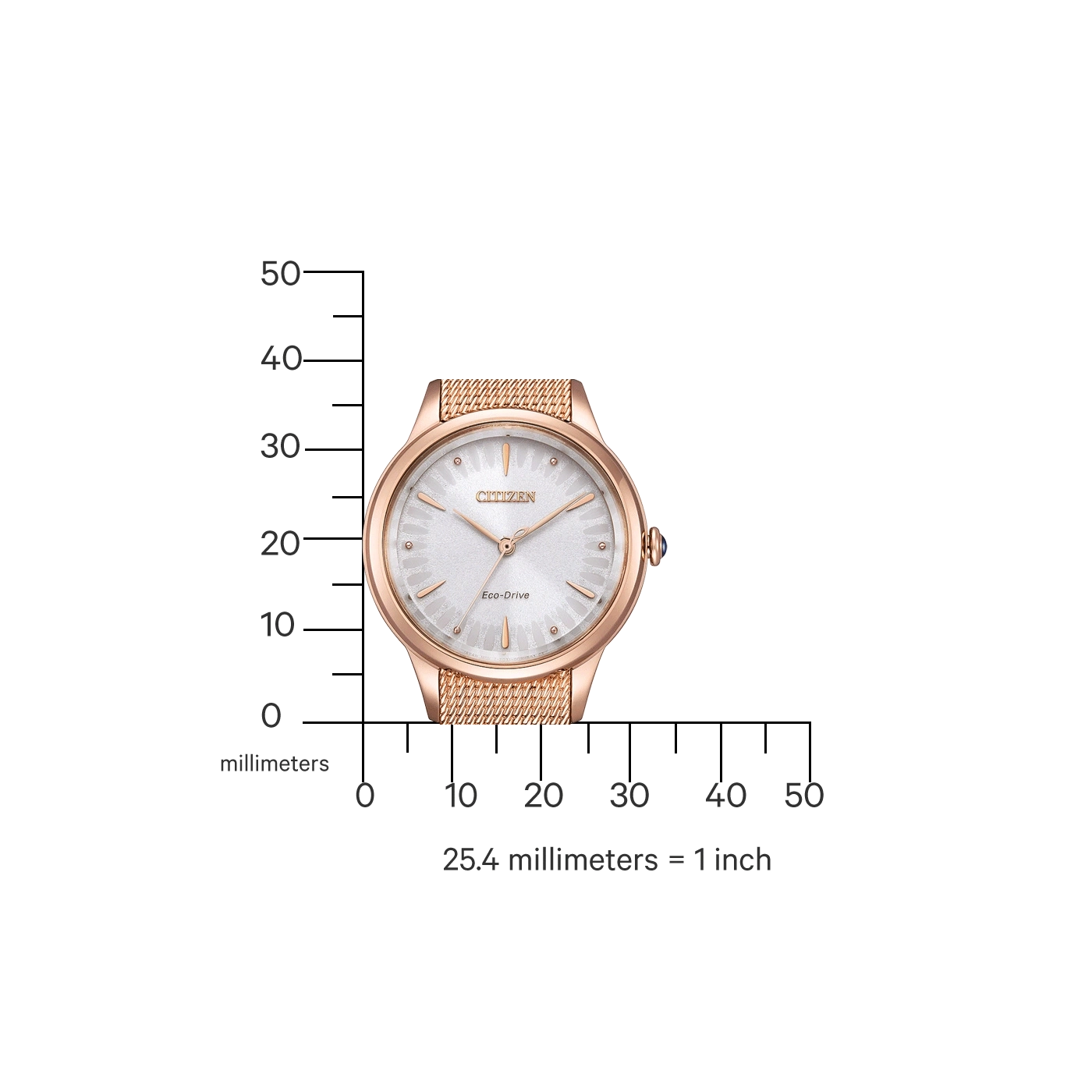 Eine Citizen Eco-Drive Uhr in Roségold auf einem Lineal.