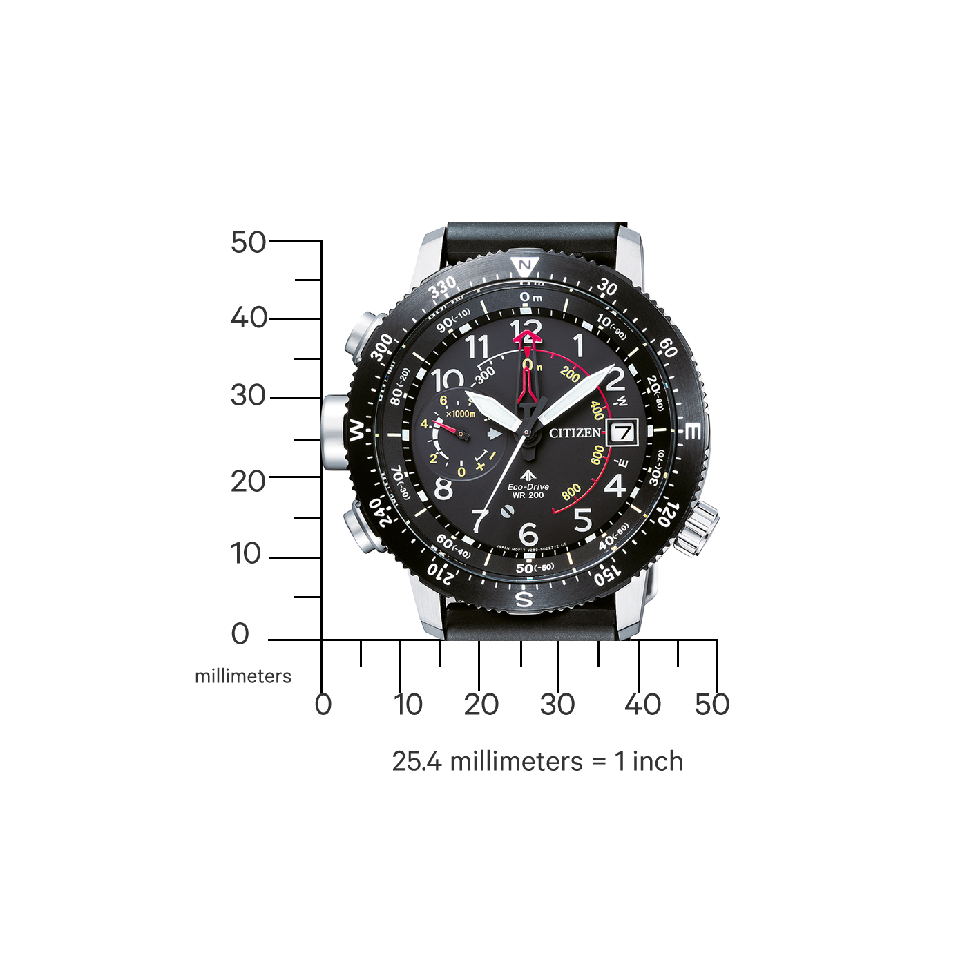 Montre Citizen avec cadran noir, chiffres et aiguilles, avec bracelet noir.