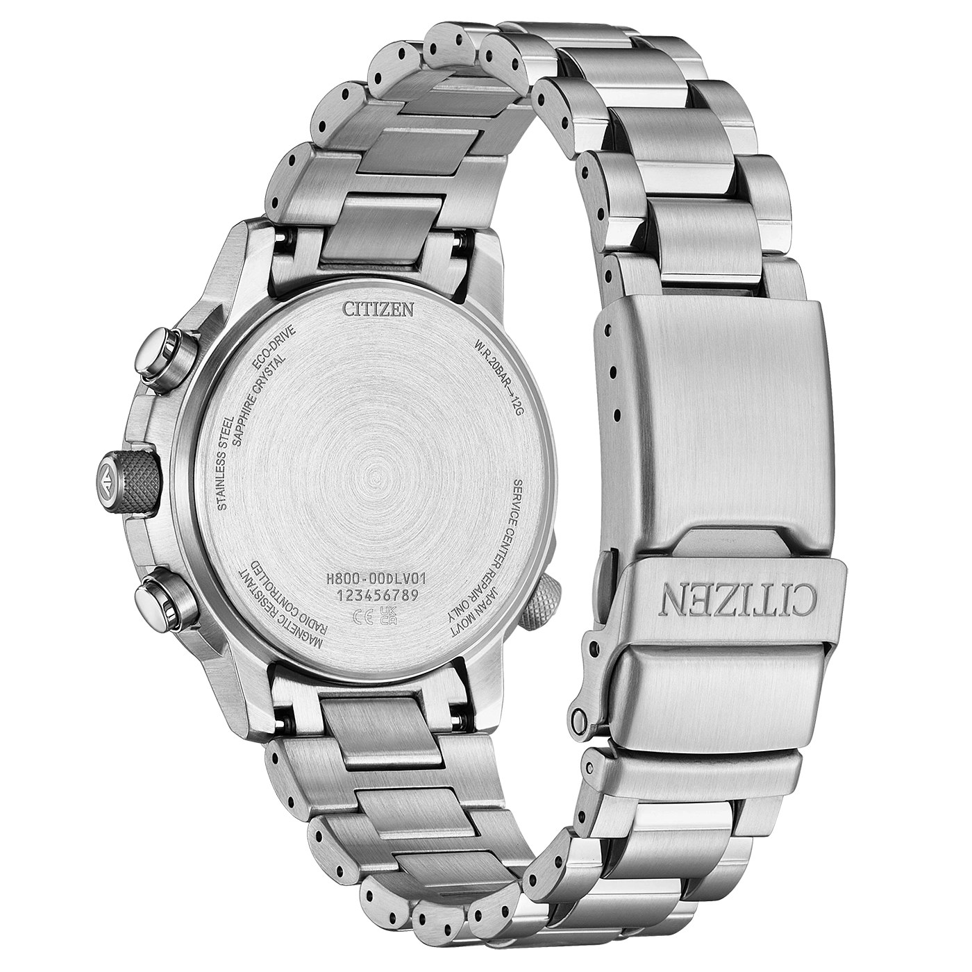 Le dos d'une montre Citizen argentée avec bracelet en métal.