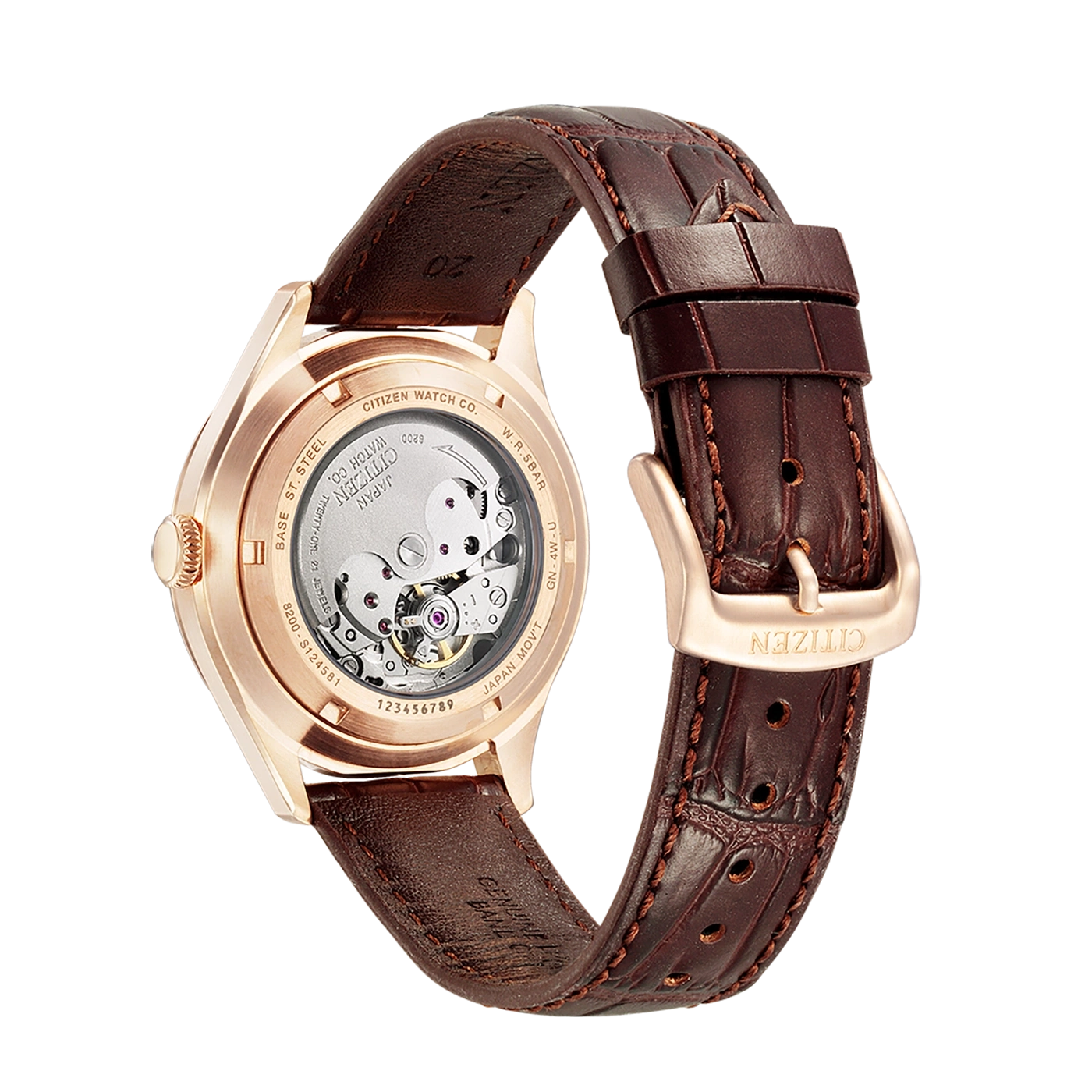 Montre Citizen à fond ouvert avec bracelet en cuir marron
