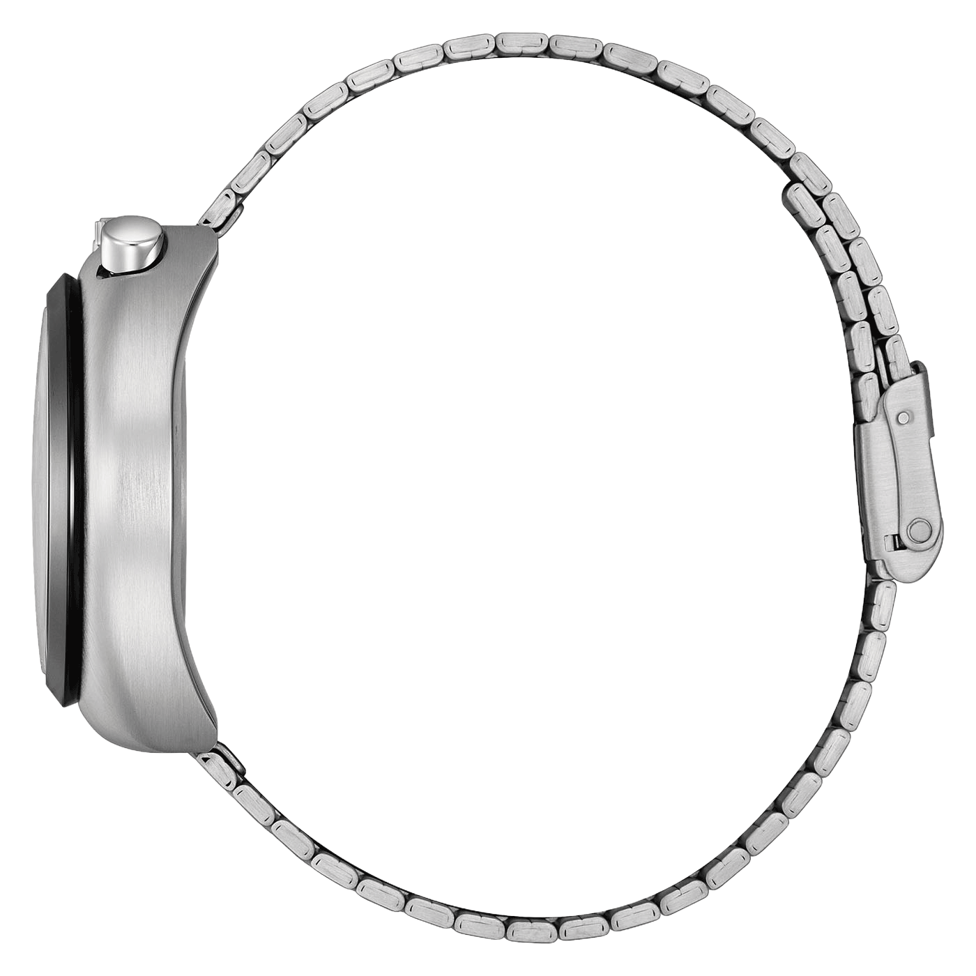 Bracelet de montre argenté, vue de côté, matériau en acier inoxydable.