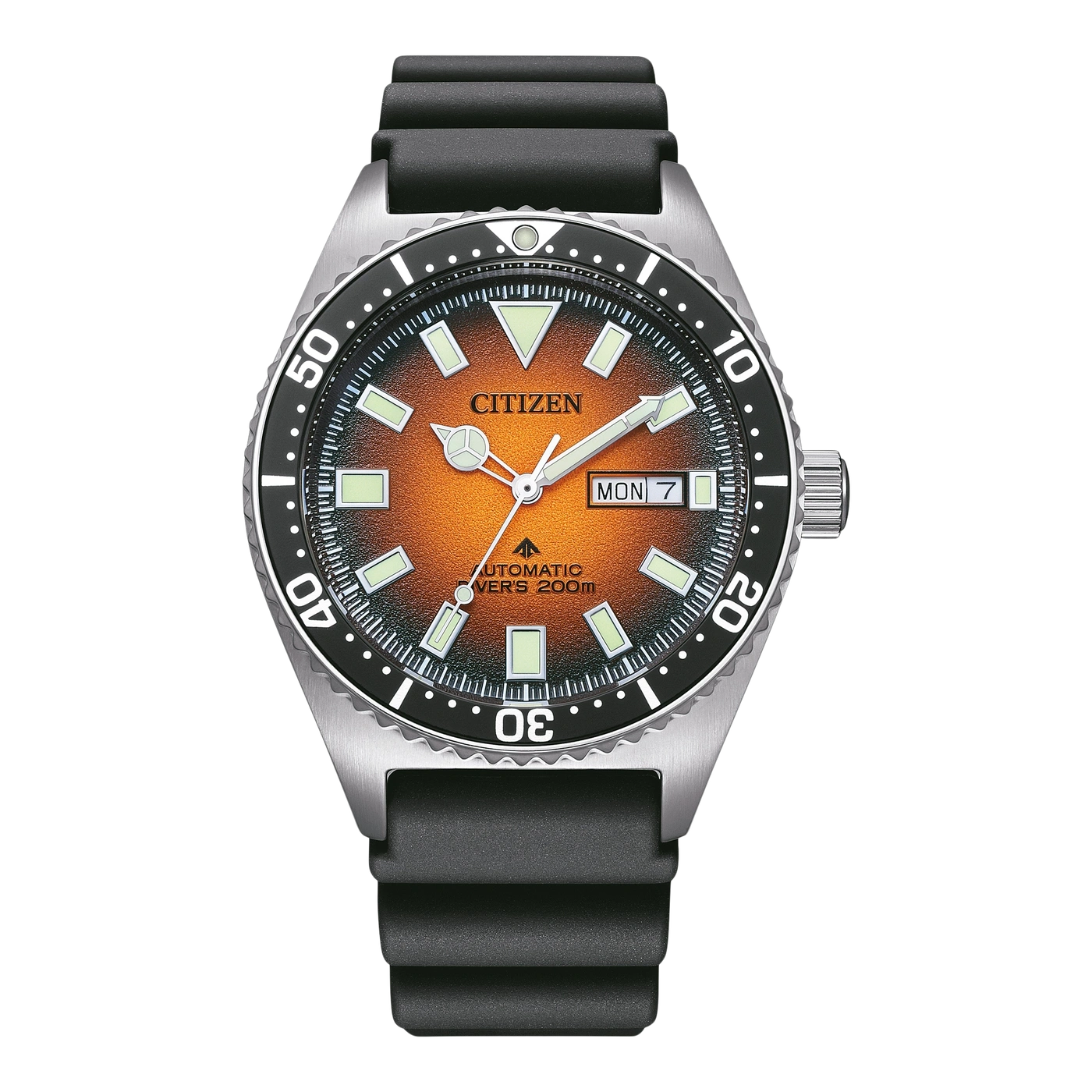 Citizen Herrenuhr Automatik orange Zifferblatt schwarzes Band
