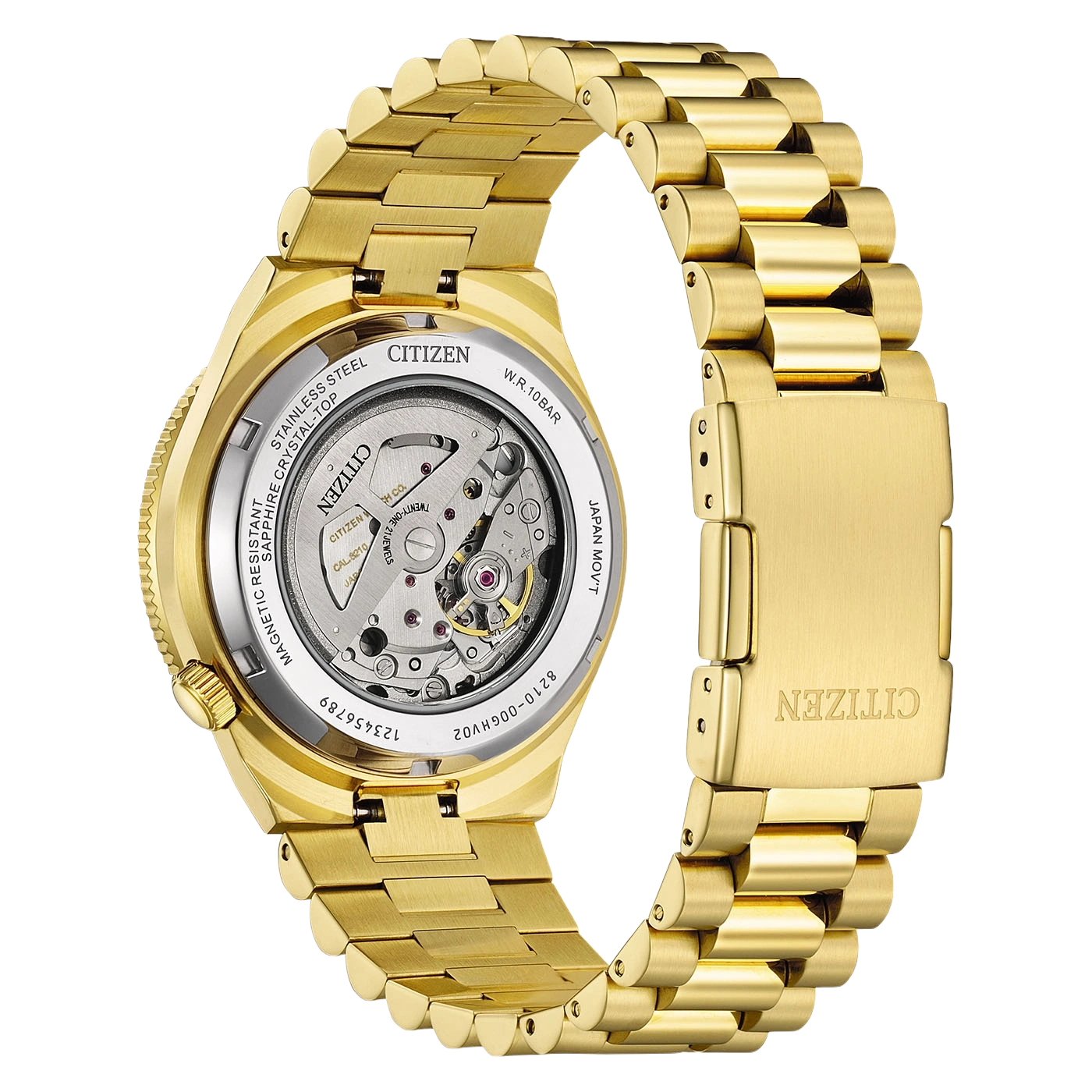 Goldene Citizen Uhr mit sichtbarem Uhrwerk und Metallarmband
