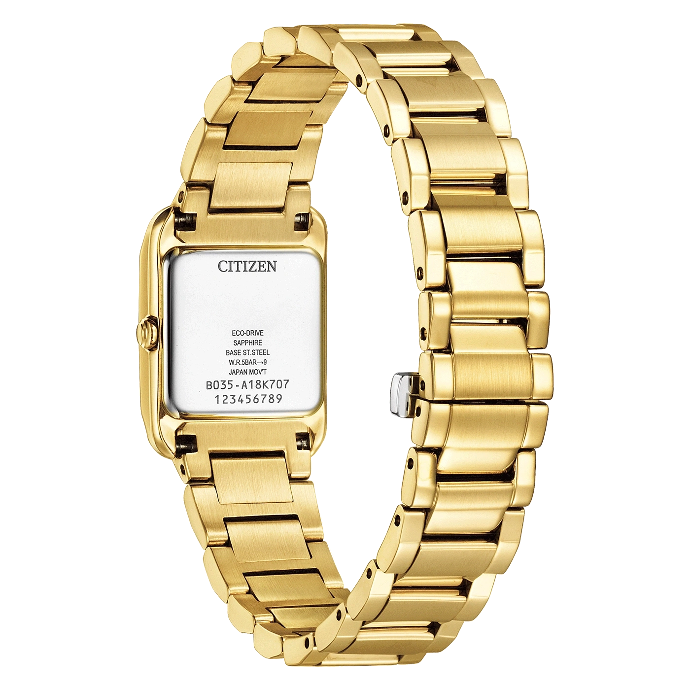 Eine goldfarbene Citizen Uhr mit Gravur auf der Rückseite.
