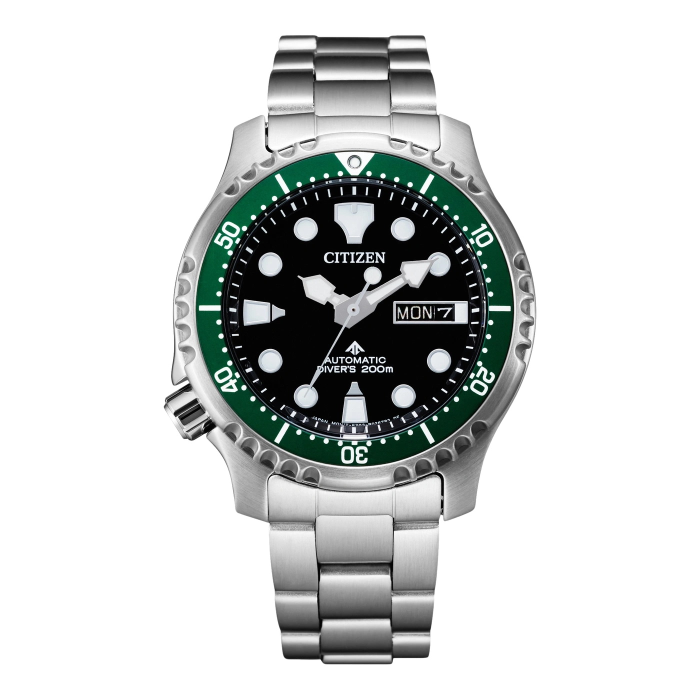 Grüne Citizen Automatik-Taucheruhr mit silbernem Armband.