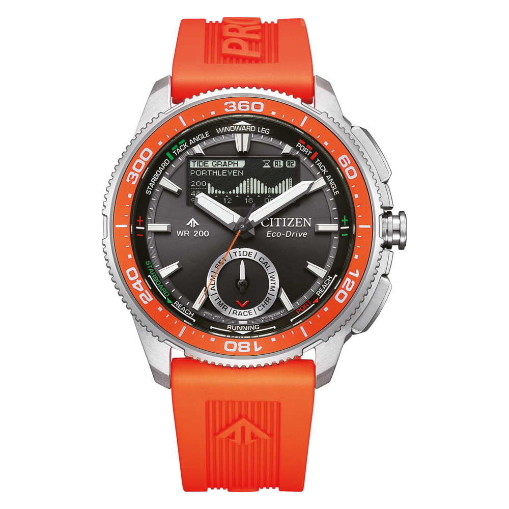 Montre Citizen Eco-Drive orange et grise avec bracelet en caoutchouc.