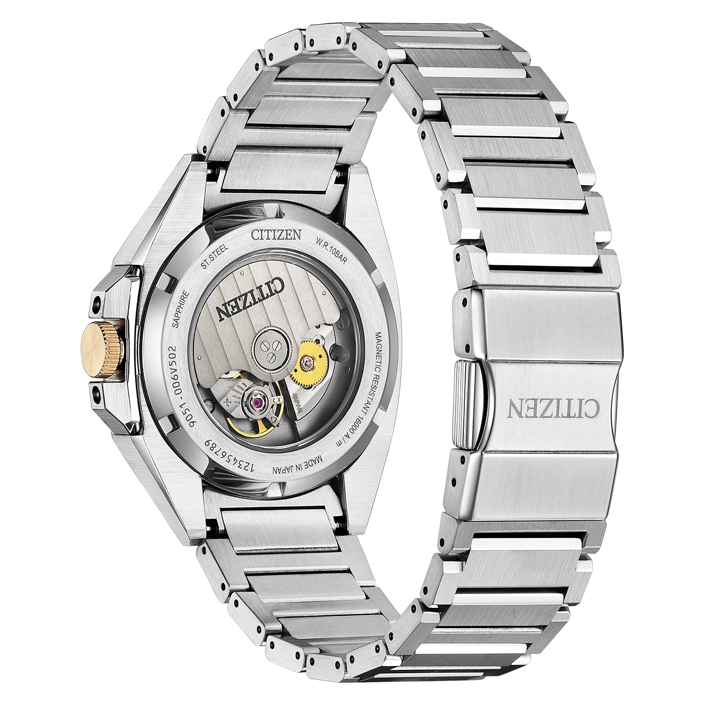 Une montre Citizen avec un fond transparent montrant le mouvement.