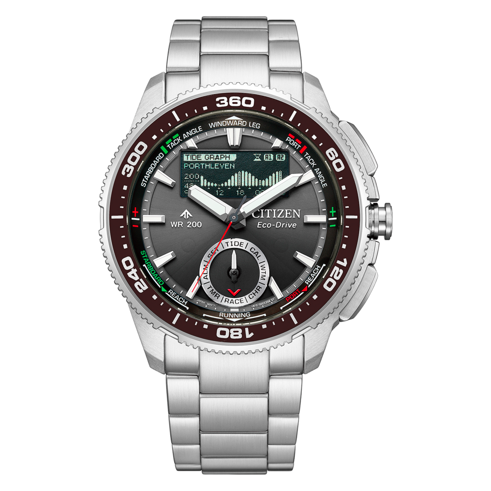 Montre Citizen Eco-Drive avec cadran numérique affichant les marées et l'heure.