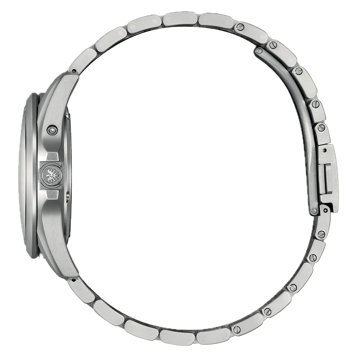 Nahaufnahme eines silbernen Uhrenarmbands auf schwarzem Hintergrund.