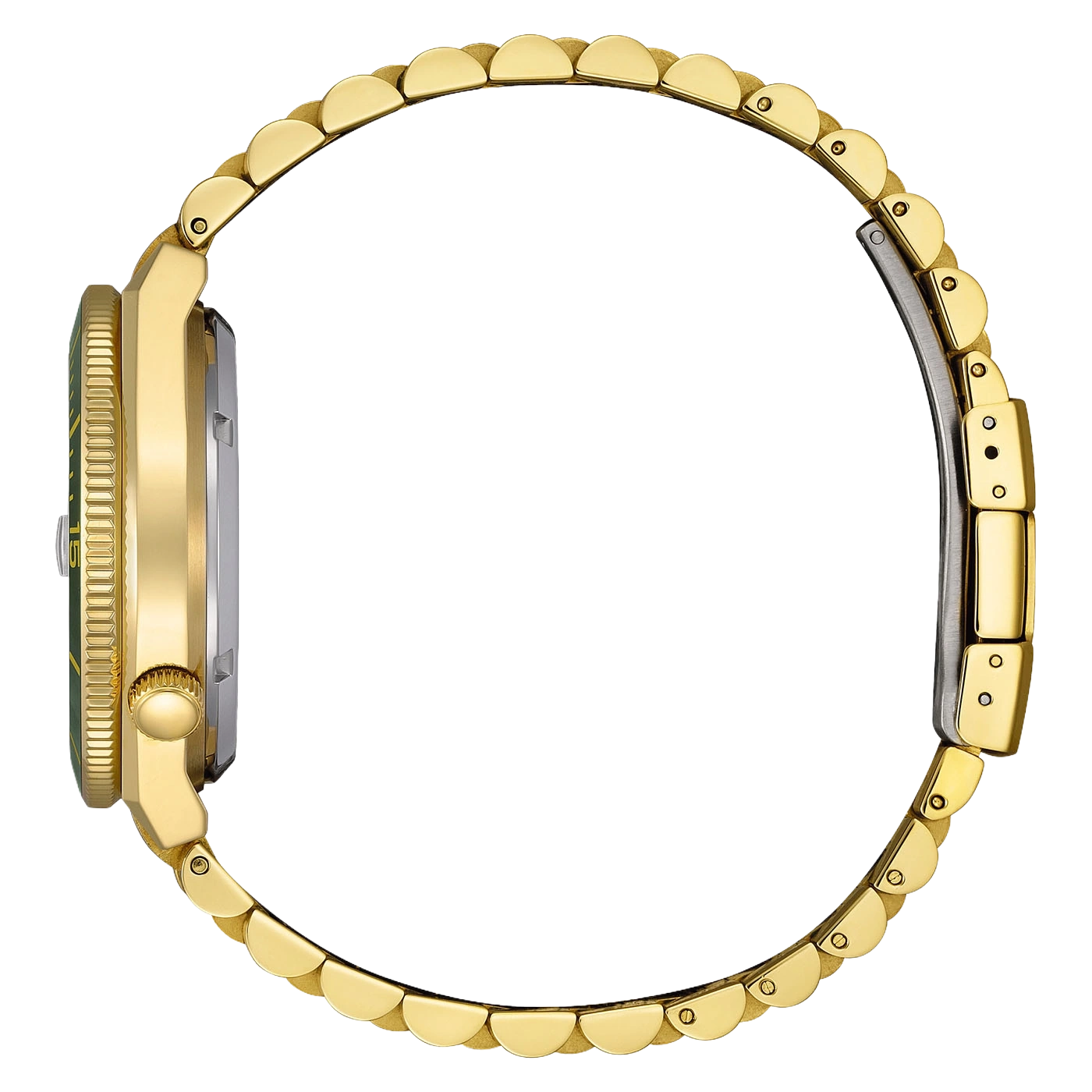 Goldene Armbanduhr mit grünem Lünettenring, Seitenansicht auf weißem Hintergrund.