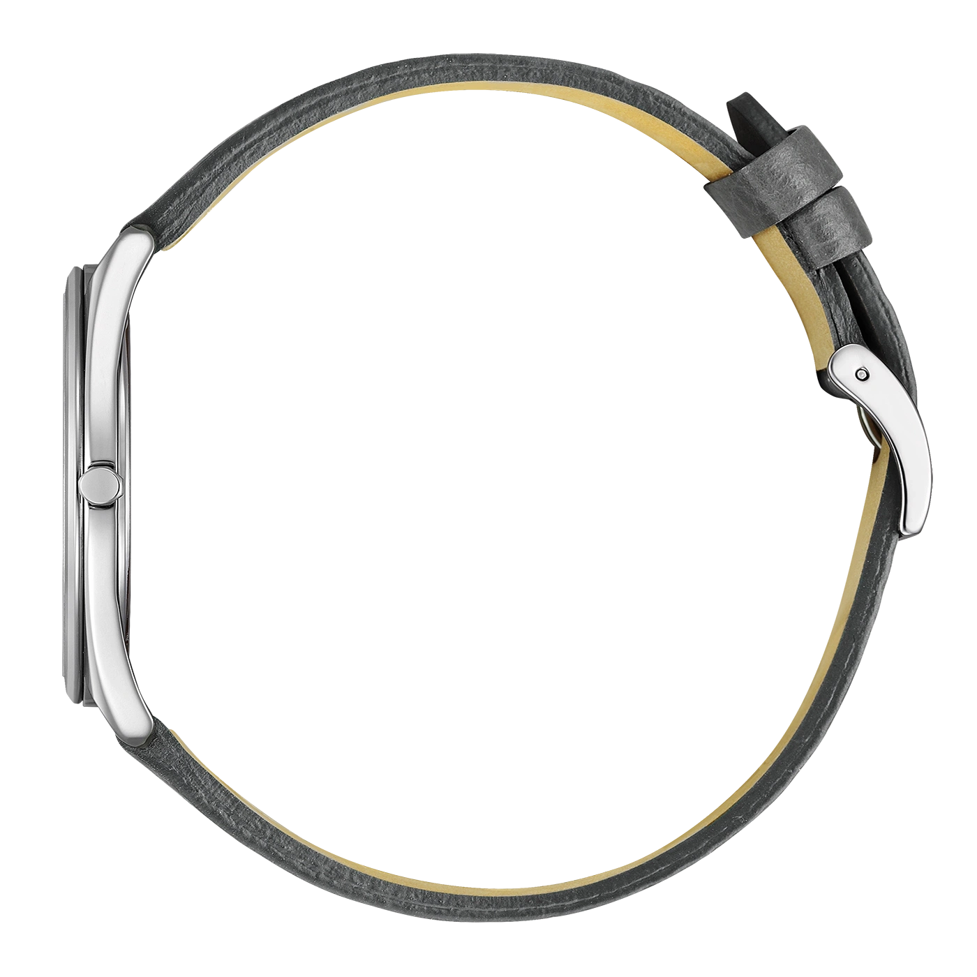 Uhr mit grauem Lederarmband und silberner Schnalle.