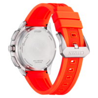 Montre Citizen rouge avec bracelet en caoutchouc, vue arrière du boîtier.