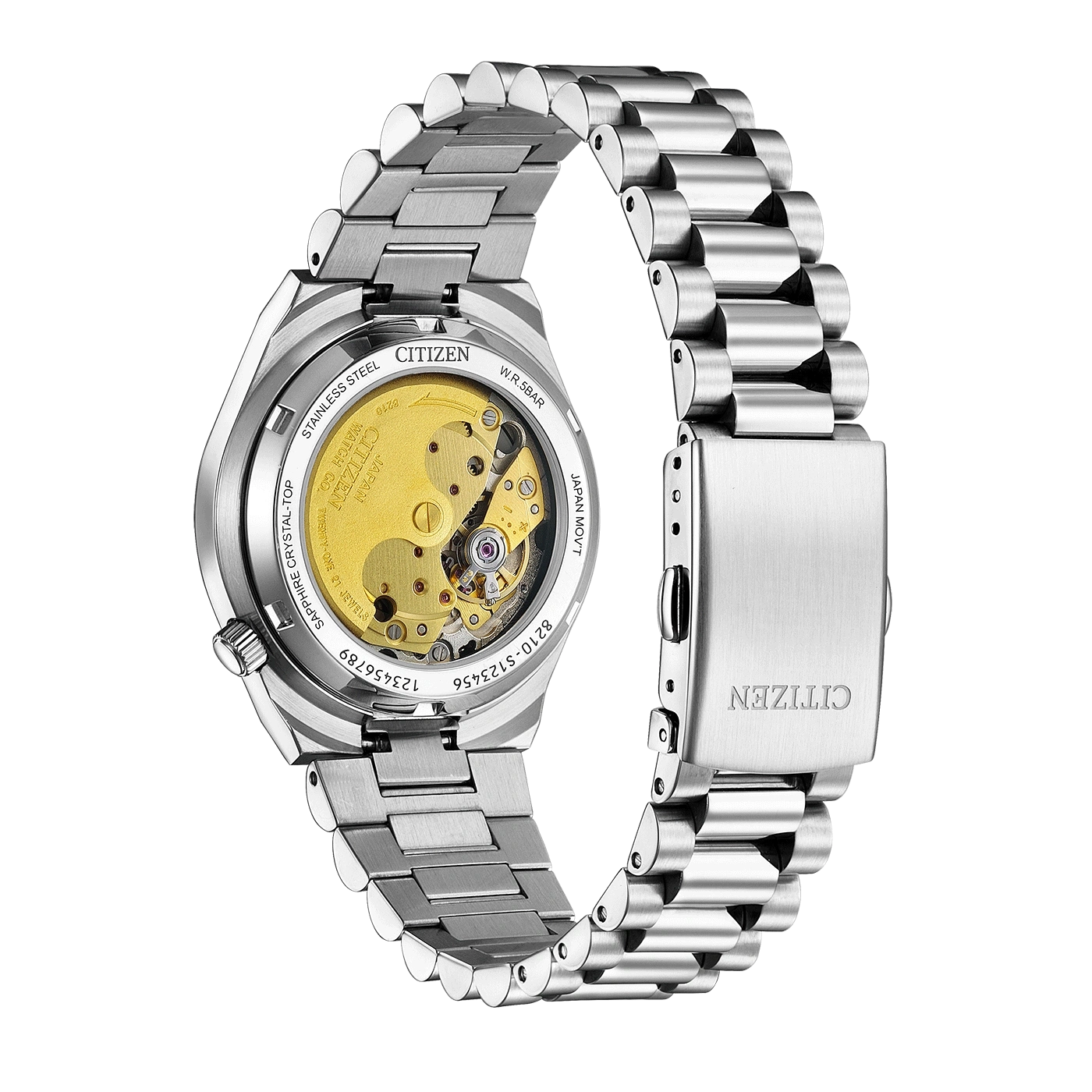Rückansicht einer Citizen-Uhr aus Edelstahl mit sichtbarem Uhrwerk