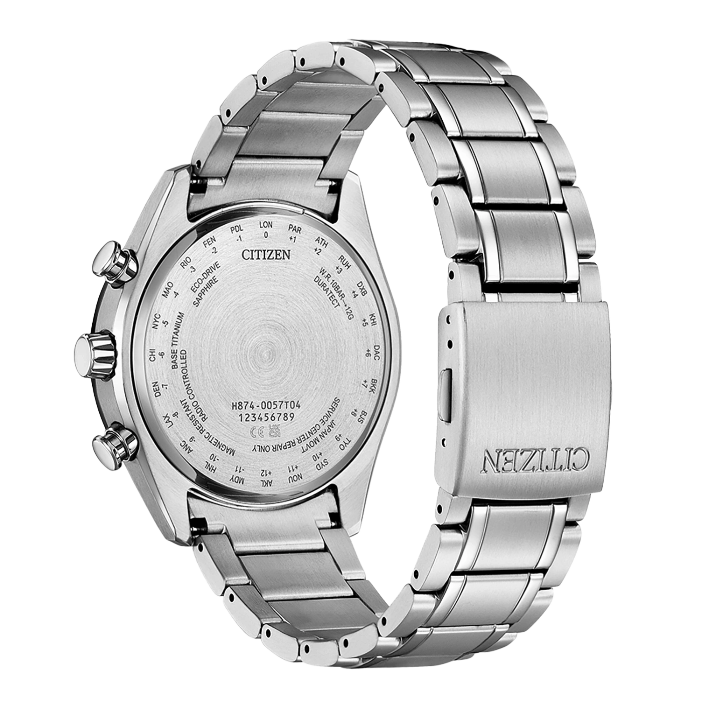 Le dos d'une montre Citizen en acier inoxydable avec des détails gravés.