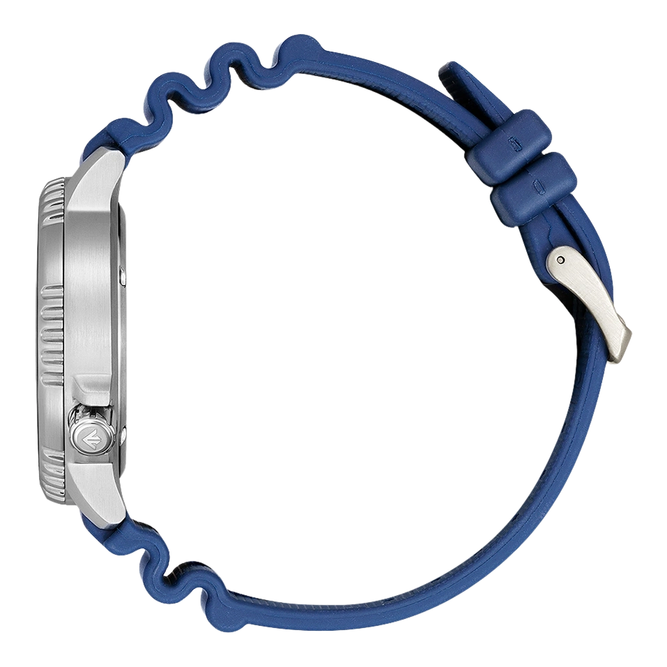 Blaue Sportuhr mit gewelltem Kautschukarmband.