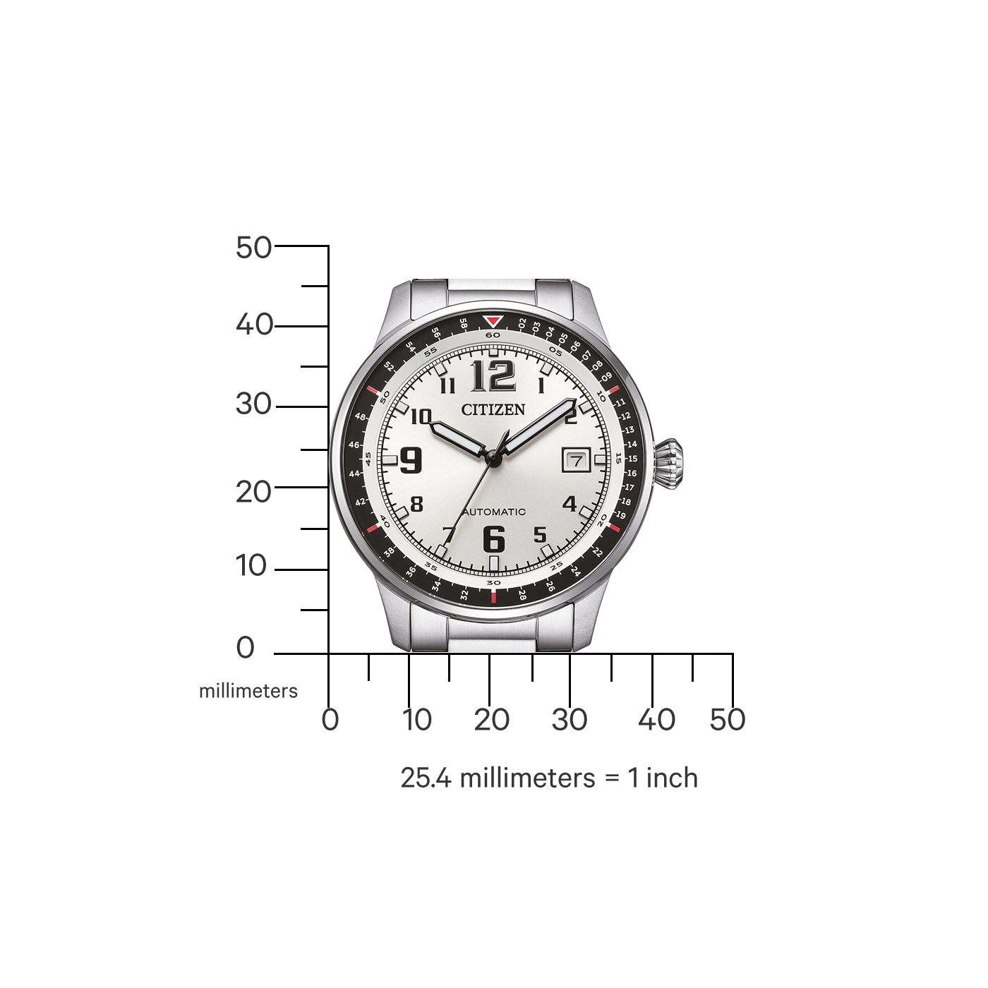 Silberne Citizen Automatik-Uhr mit weißem Zifferblatt und Messskala.