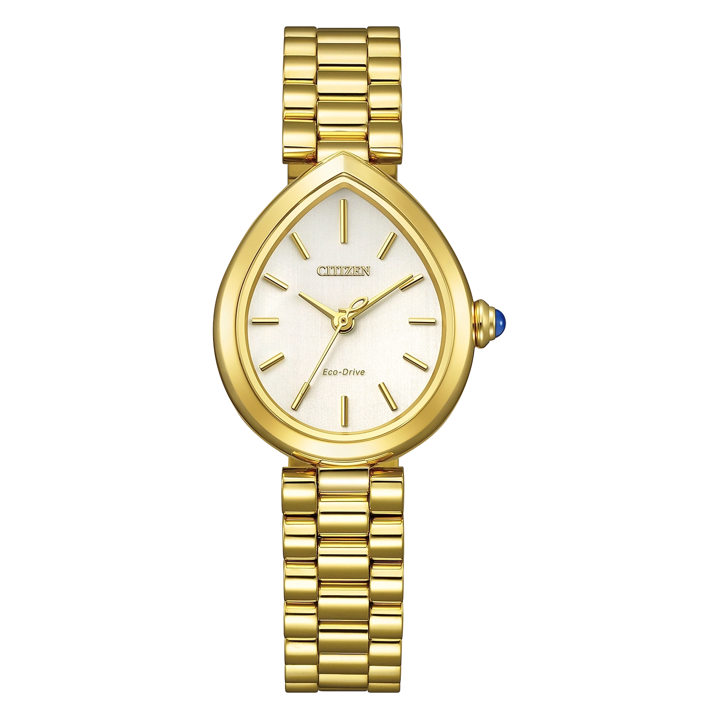 Eine goldene Citizen-Uhr mit Metallarmband und weißem Zifferblatt.
