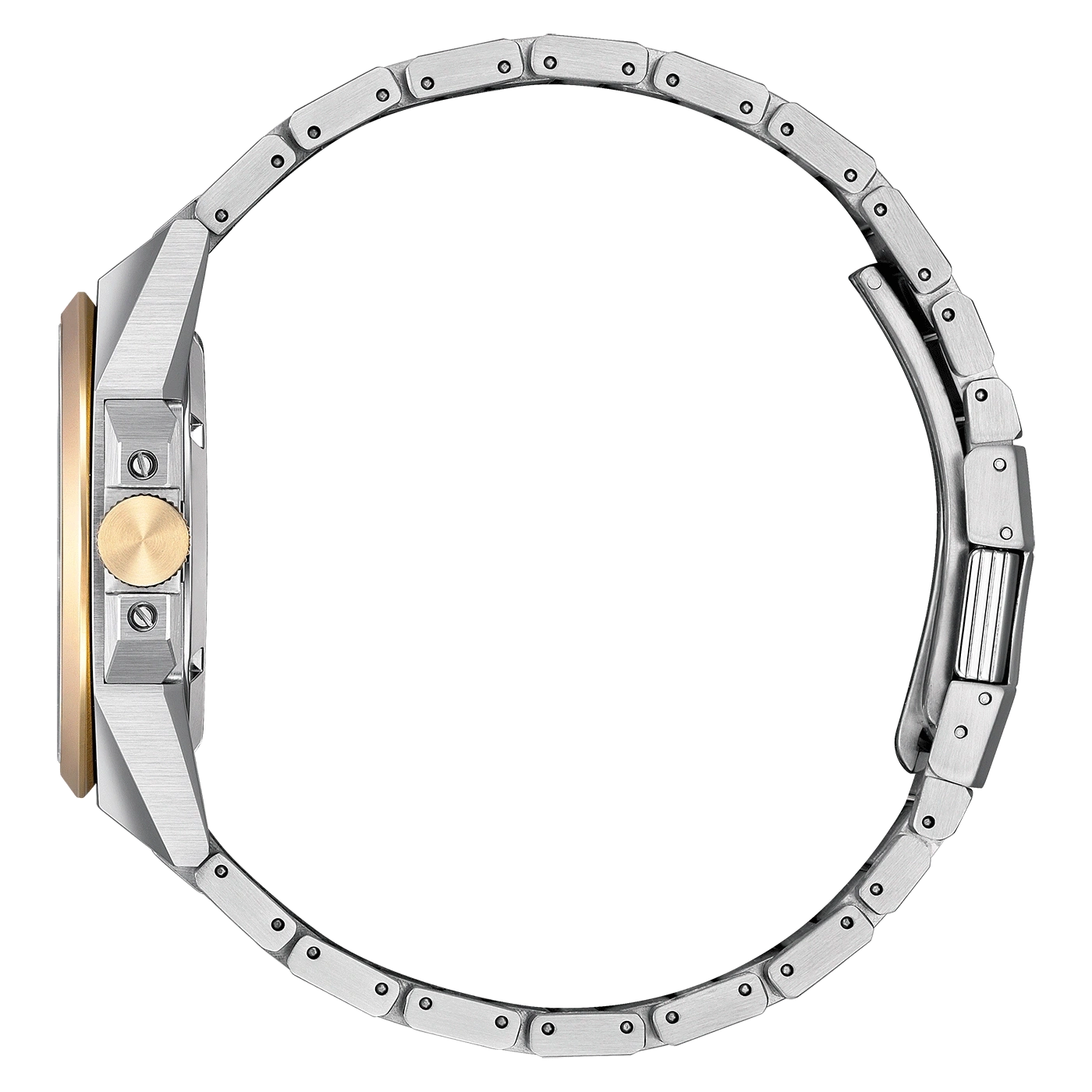 Seitenansicht einer silbernen und goldenen Armbanduhr.