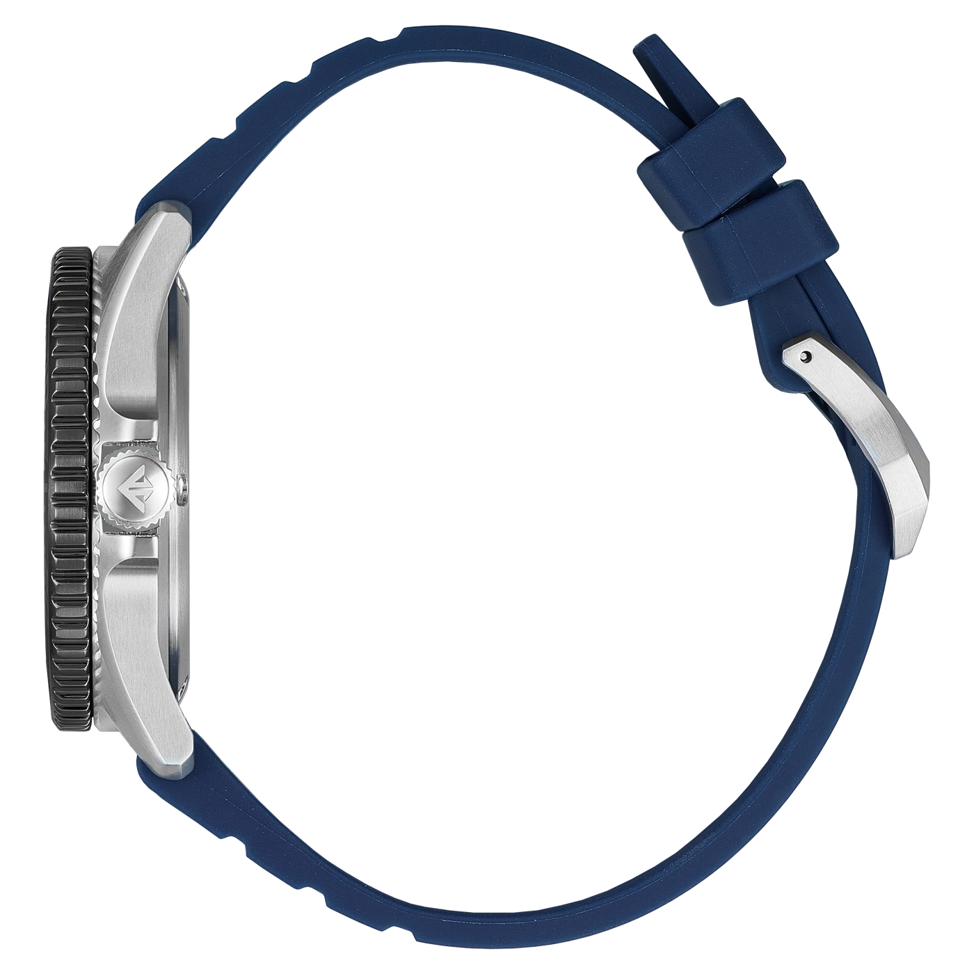 Montre de plongée avec bracelet en caoutchouc bleu et boucle argentée.