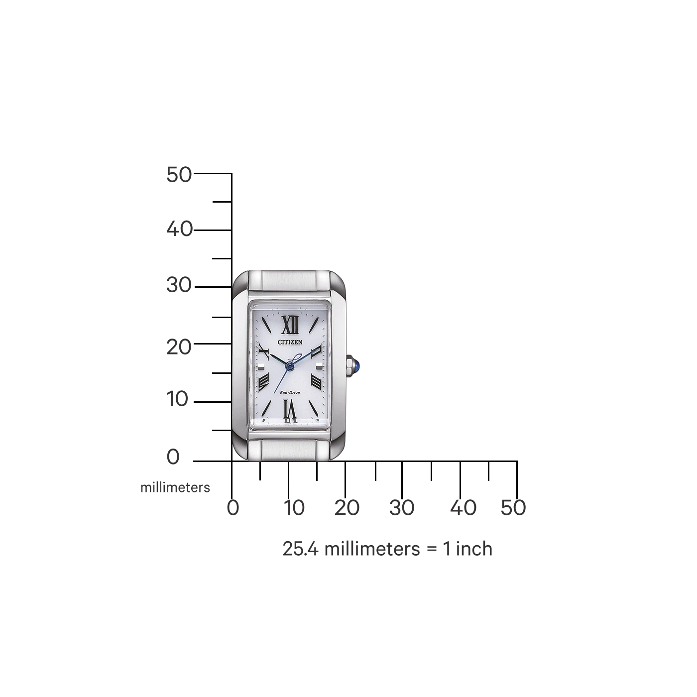 Eine Citizen-Uhr auf einem Millimeterlineal, um ihre Größe zu verdeutlichen.