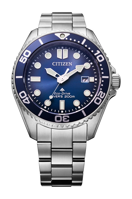 Citizen-Uhr mit blauem Zifferblatt und silbernem Armband, Taucheruhr, Eco-Drive