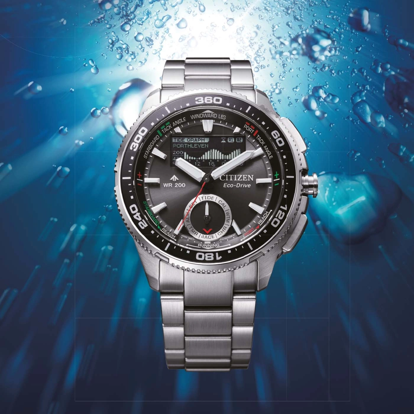 Montre Citizen Eco-Drive argentée avec un cadran de plongée et des bulles d'eau.
