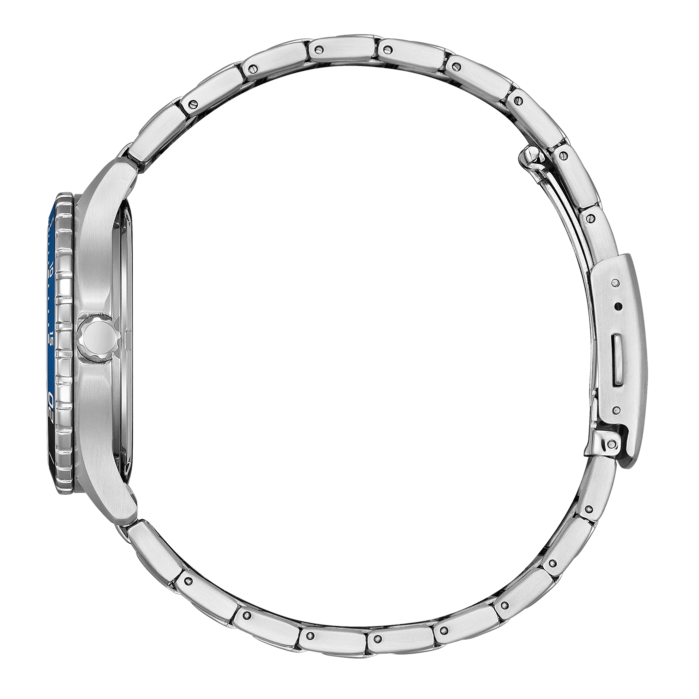 Silbernes Armbanduhr, Seitenansicht auf weißem Hintergrund