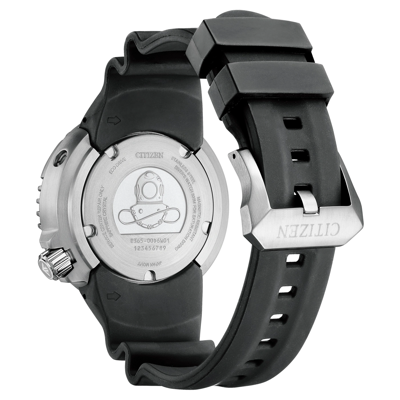 Citizen Eco-Drive Uhr, Edelstahlgehäuse, schwarzes Kautschukarmband.