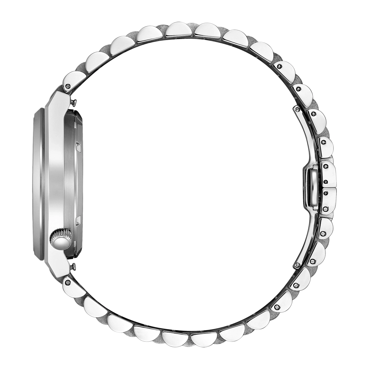 Nahaufnahme eines silbernen Armbanduhrenarmbands auf weißem Hintergrund.