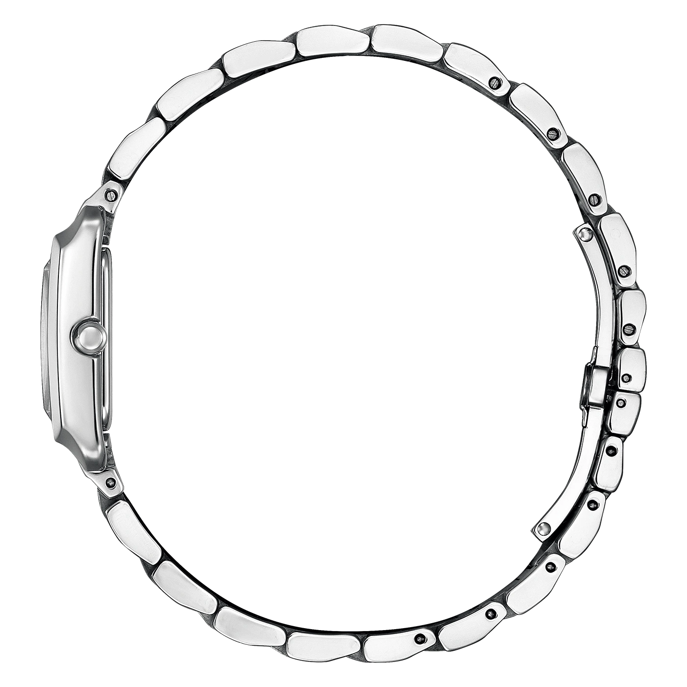Montre bracelet métallique argenté, vue de côté.