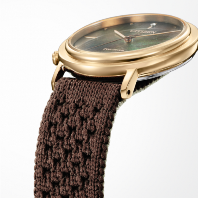 Gros plan d'une montre dorée avec un bracelet marron tissé, Citizen Eco-Drive.