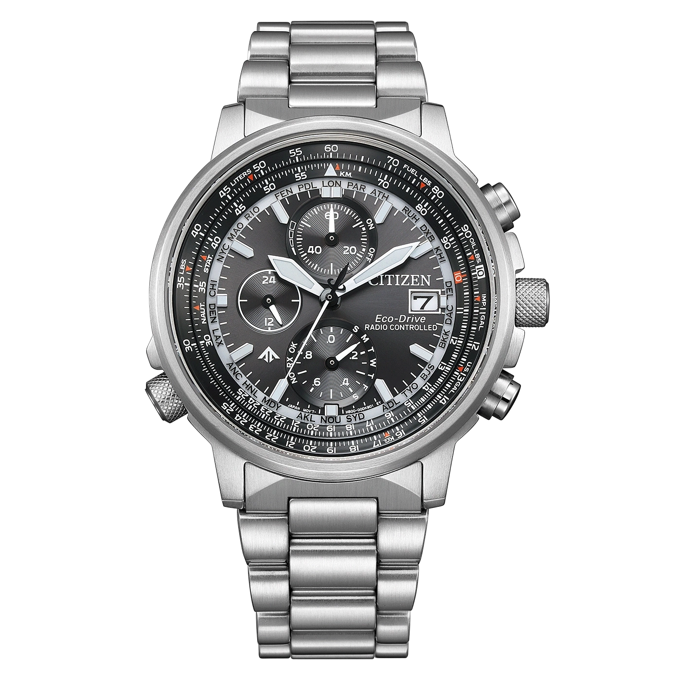Eine Citizen Eco-Drive Armbanduhr aus Silber mit schwarzem Zifferblatt.
